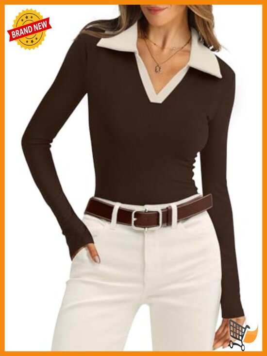 Tops - Long Sleeve Polo Shirt Ribbed Knit Slim Fit Business Casual Blouse